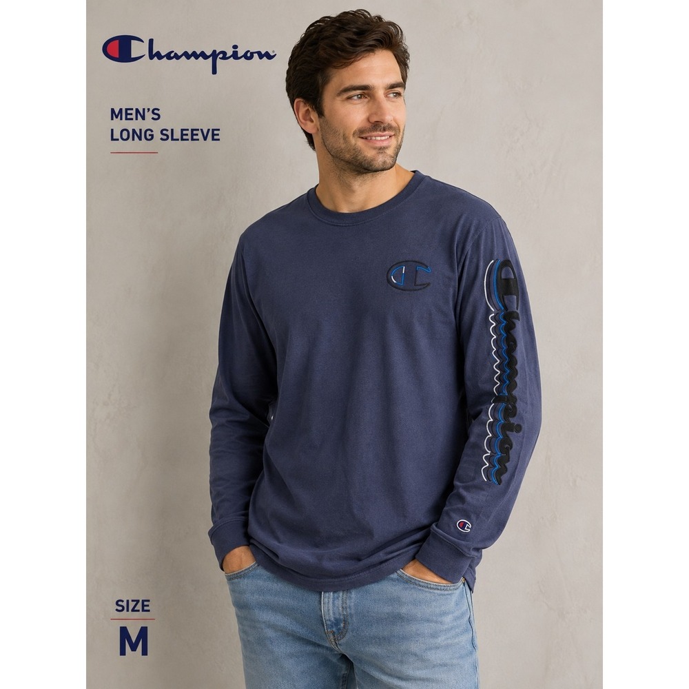 Champion Mens Long Sleeve Shirt Blue Embroidered Logo Graphic Tee Size M